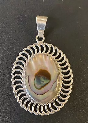 Vintage Mexican Sterling Silver Oval Abalone Shell In Spiral Pendant 7mm Bale • $100