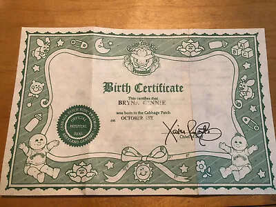 Cabbage Patch Kids BIRTH CERTIFICATE  1983 Fine Very Clean  W/family History • $6.98