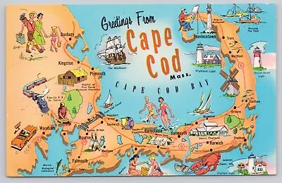 Cape Cod Massachusetts Pictoral Map Landmarks & Attractions Vintage Postcard • $6.39