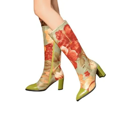 $104.92 • Buy Women's Vintage Pattern Floral Print Zip Pointy Toe Knee High Knight Boots