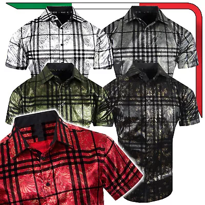 Velvet Italian Plaid Stripe Short Sleeve Mens Shirt Shiny Floral Stretch Button • $29.95