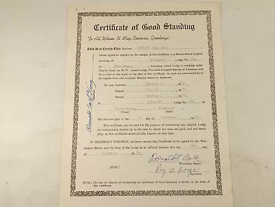 Masonic Grand Lodge Certificate Of Good Standing Arkansas 1982 • $24.95