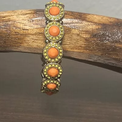 Vintage Copper Gold Tone With Orange And Green Beads Accent Stretch Bracelet • $15.99