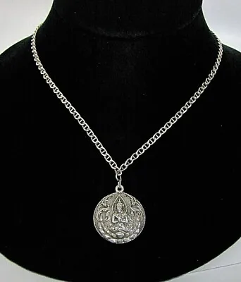 Vintage 20  Sterling Silver Praying Buddha Round Pendant Necklace - Double Sided • $97