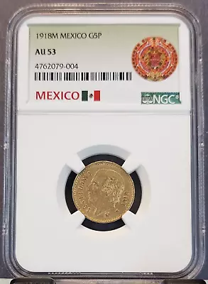 1918 Mexico Gold 5 Pesos G5p Hidalgo Ngc Au 53 Scarce Better Date Beauty • $429.95