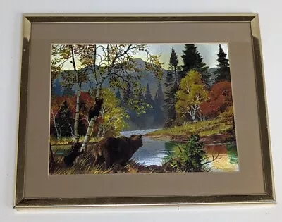 Vintage Foil Art Framed Picture Bears Mountains Fall Landscape Scene • $19