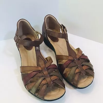 Earth Origins Size 11 Posy Open Toe T Strap 3 Tone Brown Leather Flats Comfort  • $19.97