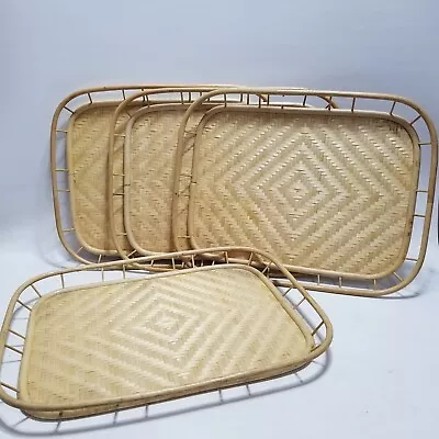 LOT Of 4 - Vtg Bamboo Woven Rattan Wicker Trays - 19x15 - Diamond Pattern Tiki • $39.99