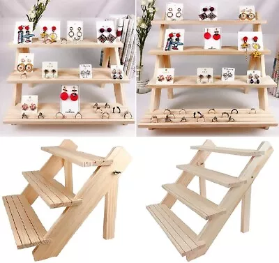 Jewellery Display Stand Wooden Rack Stand Earring Stall Stand Shelf 3/4 Tier • £13.89