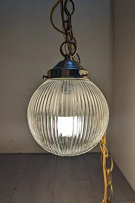 Vintage Clear Ribbed Holophane Glass Globe Swag Pendant Light - Hanging Chain • $130.50
