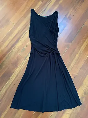 Cabi Sleeveless Black Sundress Midi Med Rayon Ruching Cross Front Flattering LBD • $25