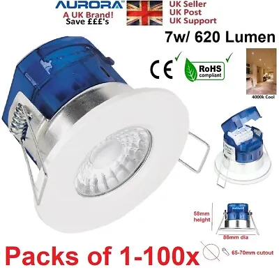 LED Downlight 7w Cool White 4000k Fire Rated IP65 240v Ceiling Aurora X7 • £15
