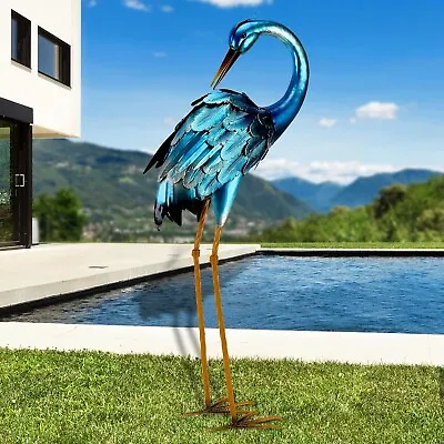 Crane Garden Statue Blue Heron Decor Metal Birds Yard Art Sculpture Bird Statues • £67.48