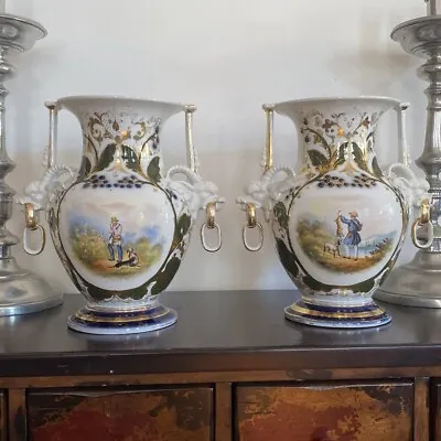 Pair Antique Victorian Porcelain Garniture Vases/Urns Hunt Scenes Devil Handles • $299.99