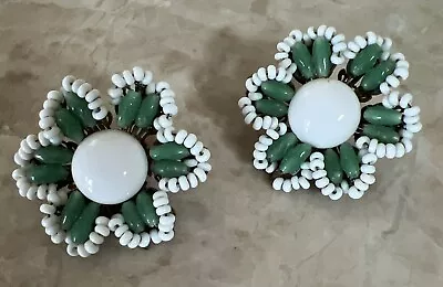 VTG MIRIAM HASKELL BIG Filigree Art Glass Flower Earrings - White Peking Glass • $75