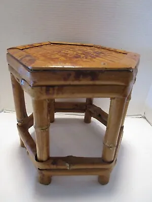 Vintage Tortoise Burnt Bamboo Side Table Stand Stool Hexagon 12”T Retro 1960's • $118