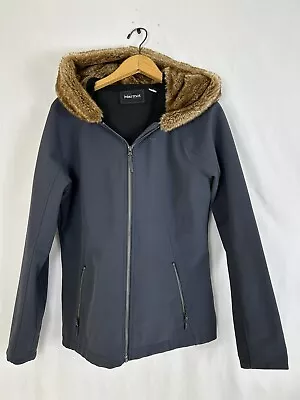 Marmot Jacket Womens Large Furlong Faux Fur Lined Hood Navy Full Zip Nylon • $34.90