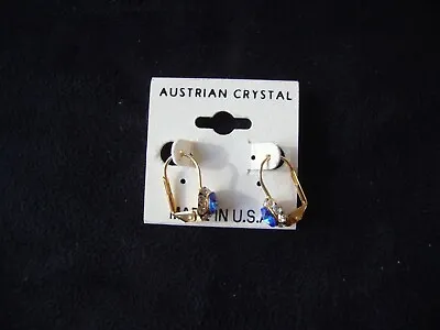 Vintage Petite Austrian Crystal Blue & Clear Cluster Gold Tone Drop Earrings • $4.99