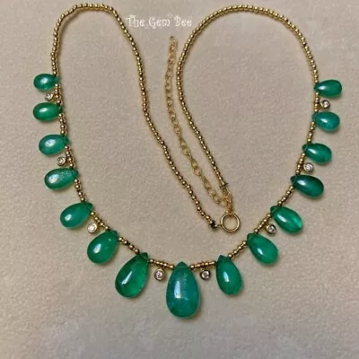 18k Yellow Gold Finest Natural Zambian Emerald Briolette Diamond Necklace 16-19  • $2995