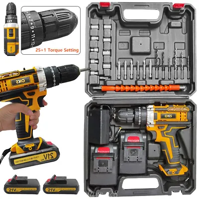 $54.99 • Buy 21V Cordless Drill Driver + 2 Batteries Set Screwdriver Power Tool Hammer Kit