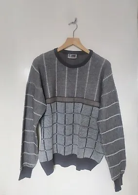 Rare Vintage 80s GABICCI Grey Crew Neck Wool Mix Suede Accents Pullover Jumper • £12