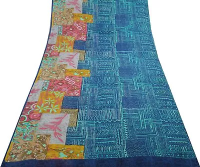 Sushila Vintage Blue Saree 100%Pure Georgette Silk Printed Abstract Craft Fabric • $31.99