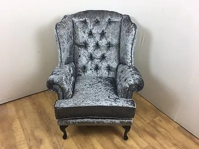 Wing Back Chair With Deep Buttoned Arms - Black Queen Anne Legs • £420