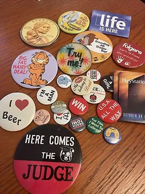 Lot Of 25 Vintage PINBACK Pins GARFIELD Walmart PLAYSTATION McDonalds PEACE More • $14.99