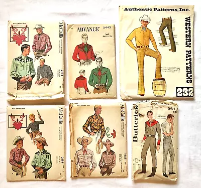 Vintage 50s + Men's Boy's Western Cowboy Sewing Patterns For Shirts Pants X 6 • $49.99