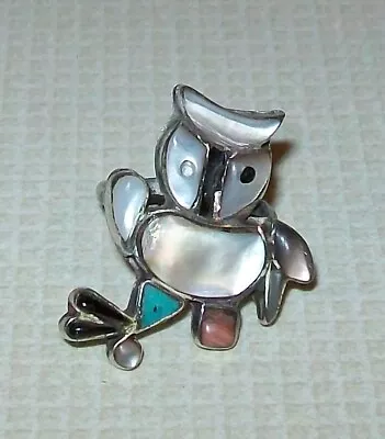 Vintage Mid Century Native American Zuni Owl Multi Stone Inlay Sterling Ring Sz7 • $12.99