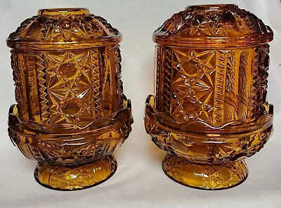 Set Of Two Vintage Indiana Glass Stars And Bars  Amber Fairy Lamps • $5