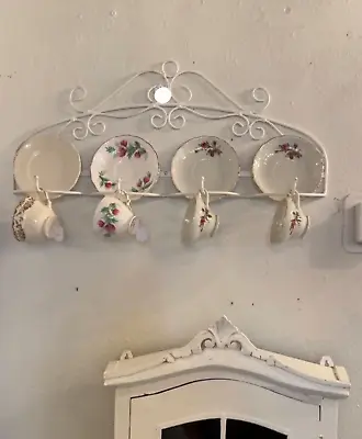 Vintage French Country Metal White Teacup & Saucer Wall Hung DISPLAY Rack Farm • $198