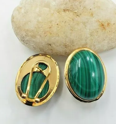 Green Oval Cabochon Malachite Earrings In 14KT Yellow Gold Omega Clip • $599