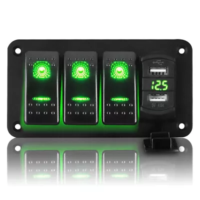 4 Gang Toggle Rocker Switch Panel USB Car Boat Marine RV Truck Green LED 12V-24V • $23.92