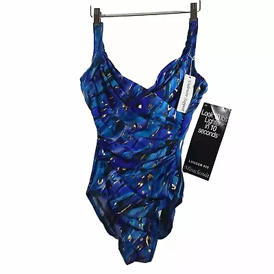 Miraclesuit Sz 10 Long Torso Blue/ Gold Sanibel UW 1 Piece Control Swimsuit NWT • $59.50