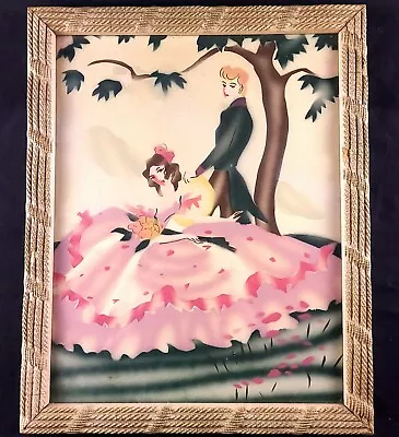 VTG Victorian Courting Couple Art Deco 1940's Airbrush Watercolor • $89.99