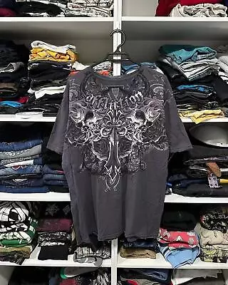 Affliction Style Retro Gothic Skull Vintage T-shirt Men's Clothes Fashion Short • $25.29