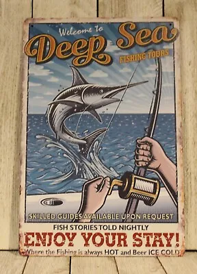 Deep Sea Fishing Tin Sign Rustic Vintage Style Man Cave Marina Dock Bait Shop • $10.97