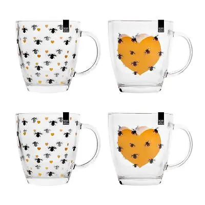 Heart And Bee Clear Glass Coffee Mug Tea Latte Hot Chocolate Kitchen Pack Of 4 • £14.99