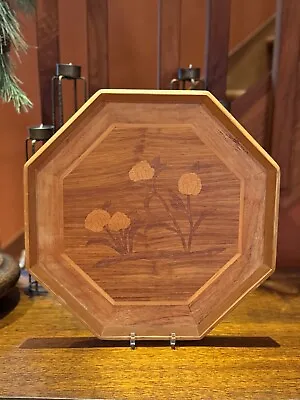 Vintage Wood Inlay Marquetry Octagon Serving Tray Flowers • $24.99