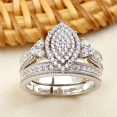 Vintage Engagement Wedding Ring Set SOLID 925 Sterling Silver For Her Bridal Set • $40.99