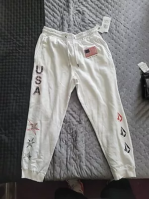 Volcom USST Iconic Stone Fleece Sweatpants LG White USA Snowboard Team Pants New • $22