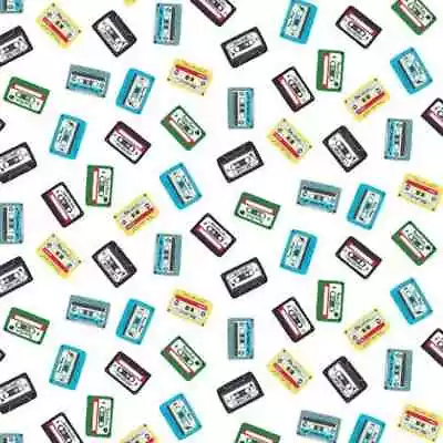 3 Yards Quilt Cotton Fabric - Timeless Treasures Stella Cassette Tapes Toss Whte • $20.99