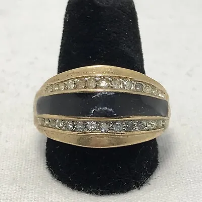 Vintage  18K HGE Gold Plated Black Enamel & Crystal's Unique Design Ring Sz 9.5 • £48.21