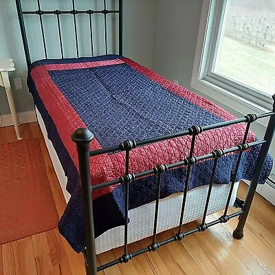 Punjabe Satin Quilted Coverlet Blue Red New Delhi India Bedspread TWIN 82x54 VTG • $19.99