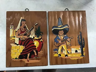 Mexican Marachi Senarita 1950’s  OIL PAINTING ON 5 X 7 WOOD MADE IN USA • $24.99