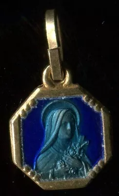 Vintage Tiny Catholic St Therese Of Chidren Jesus Blue Enamel Gold Tone  Medal • $8.99