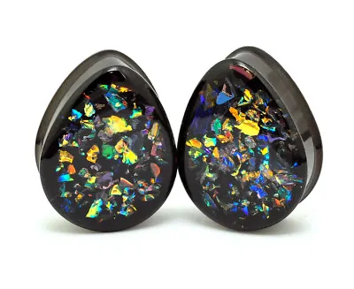 Pair Of Black Steel Teardrop Plugs With Embedded Dichroic Glass (EMB-006) Gauges • $20.99