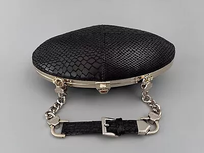 Vintage Versace Profumi Black Snakeskin Pattern Oval Purse Bag Gold Chain Strap • $95