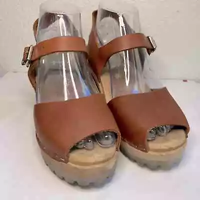 MIA Womens Greta Sandal Wedge Leather Real Wood Danish Clog Swedish Peep Toe • $49